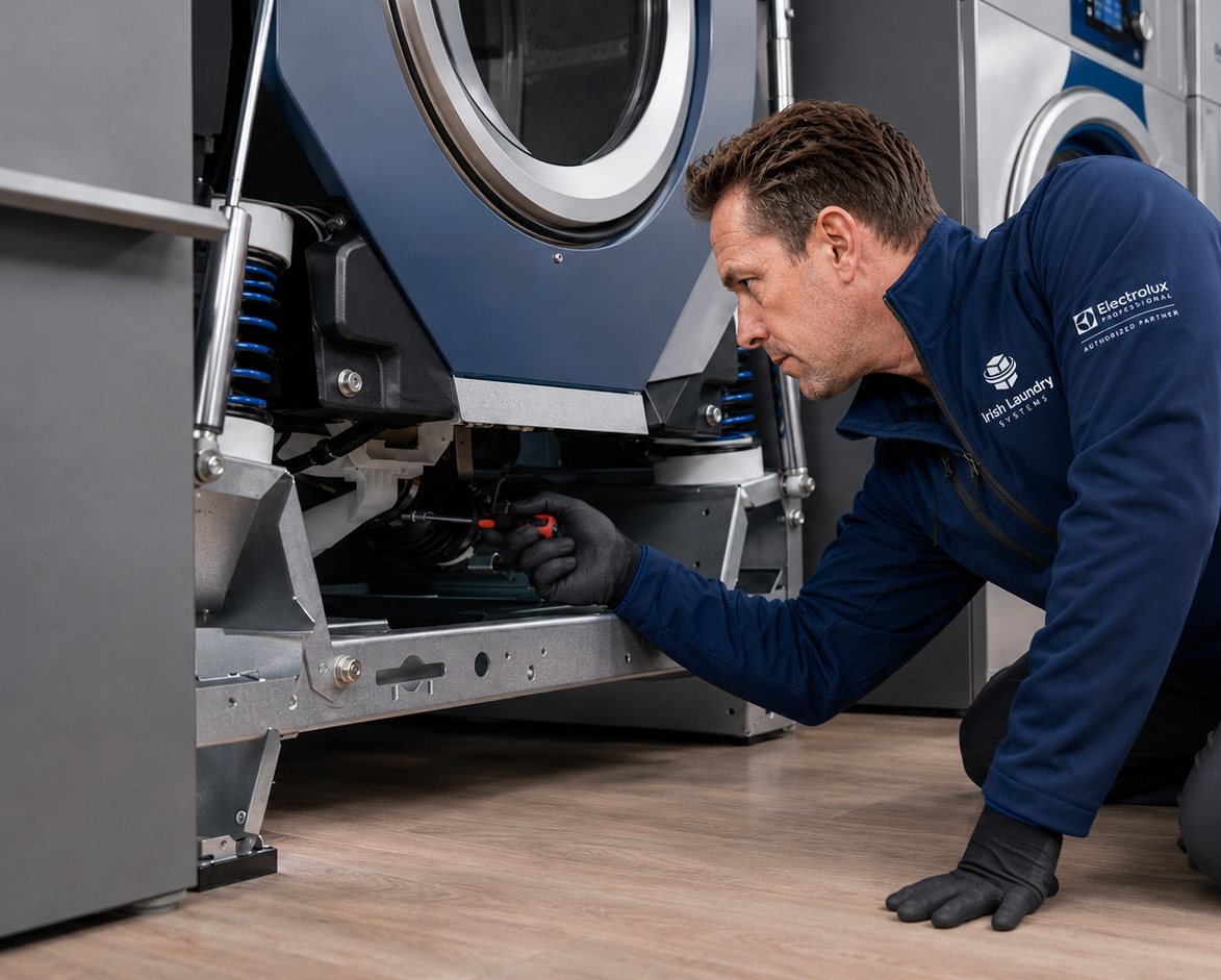 Irish Laundry Systems engineer diagnosing commercial laundry equipment on-site
